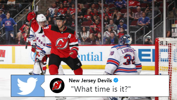 Travis Zajac celebrates a New Jersey Devils goal against the New York Rangers.