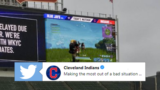 during toronto cleveland rain delay players were gaming fortnite on the park s jumbotron article bardown - fortnite delay