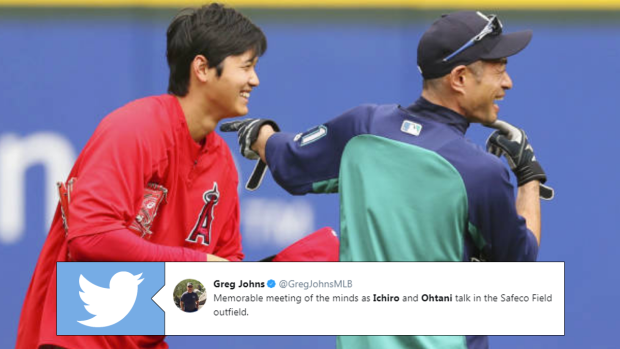Shohei Ohtani runs across outfield to greet Mariners legend Ichiro
