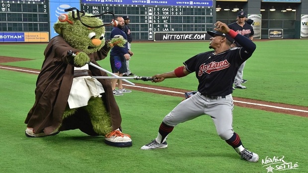 Francisco Lindor takes on Houston Astros' Orbit in a Lightsaber battle  during warm-ups - Article - Bardown