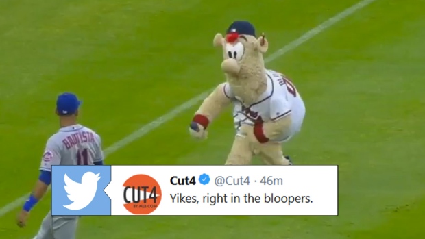Does Blooper have health insurance? I am effing dying - Atlanta Braves  fans impressed by mascot Blooper going through tables to fire up the crowd