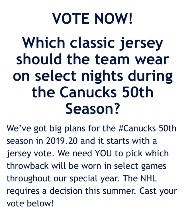 Canucks are holding fan vote to determine which throwback jersey they'll  bring back for 50th season - Article - Bardown
