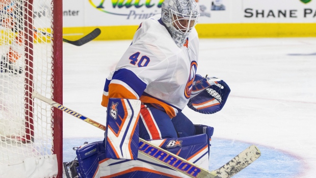 New York Islanders goalie Robin Lehner (40) looks on prior to an