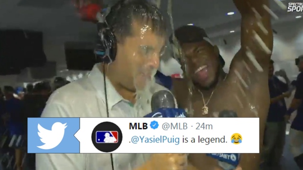 Yasiel Puig sprays silly string during interview