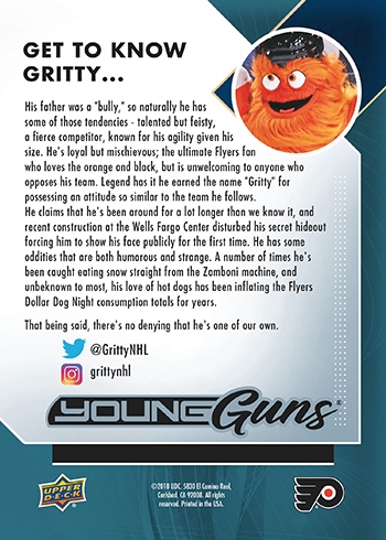 Gritty has an official Upper Deck card with a bizarre bio on the