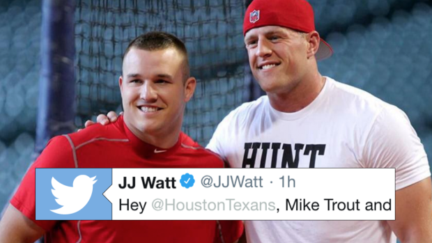 Mike Trout standing next to JJ Watt actually makes him look BIGGER by  comparison. : r/baseball