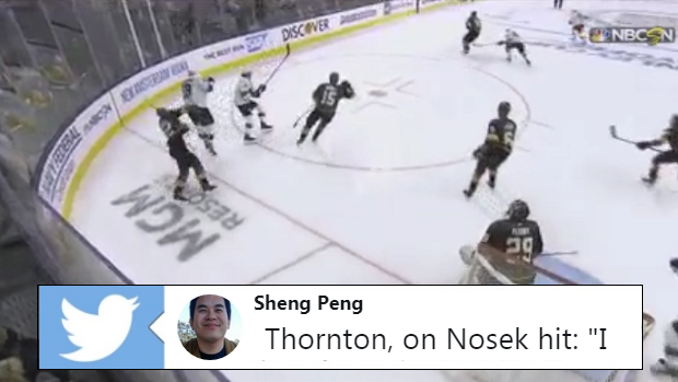 Joe Thornton delivers a hit to Tomas Nosek's head.