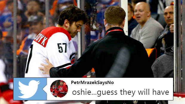 Trevor van Riemsdyk leaves the ice after suffering an upper-body injury in Game 2.