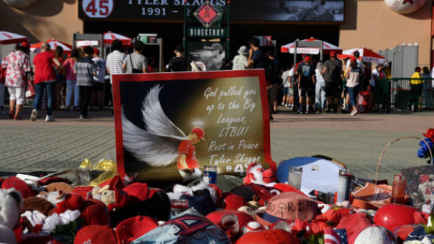 Angels branded hockey jersey worn by #45 Tyler Skaggs for Honorary