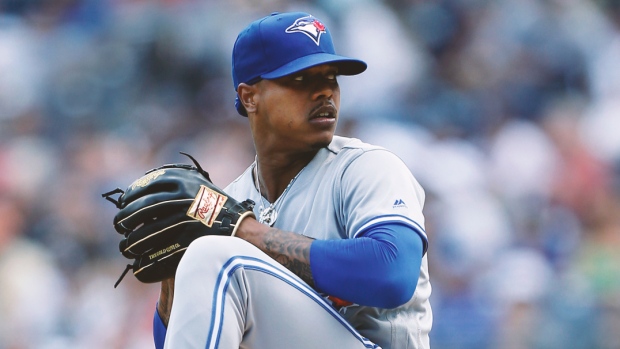 Marcus Stroman #6 of the Toronto Blue Jays in action against the New York  Yankees at Yankee Stadium on September…