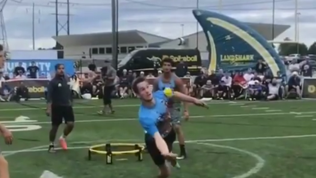 Spikeball rally highlighted by absolutely nuts no look sequence