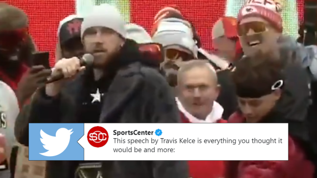 Travis Kelce's Super Bowl speech took shot at Dee Ford's offsides flag