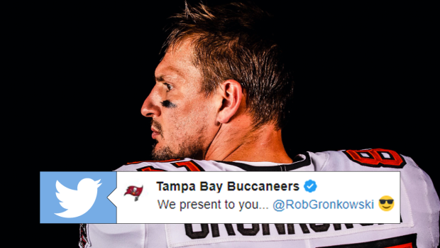 Rob Gronkowski reacts to seeing his Bucs jerseys for the first