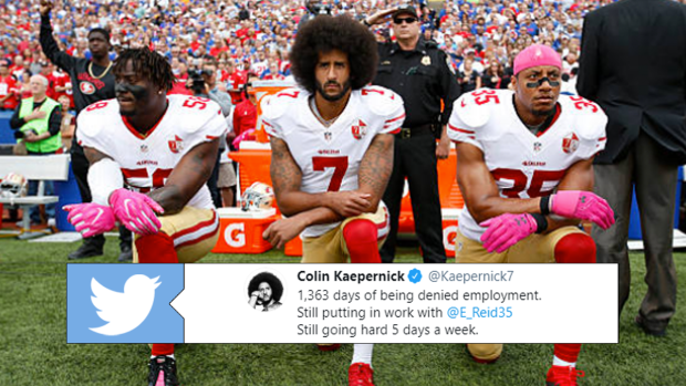 From left, The San Francisco 49's Eli Harold (58), Colin Kaepernick (7) and  Eric Reid (35) kneel during the national anthem before their a game against  the Dallas Cowboys on October 2