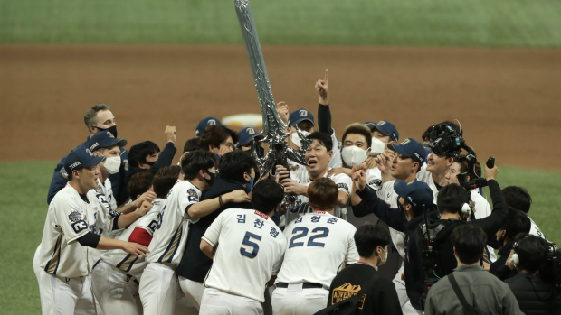 2020 KBO Champions the NC Dino's hoisting a big sword