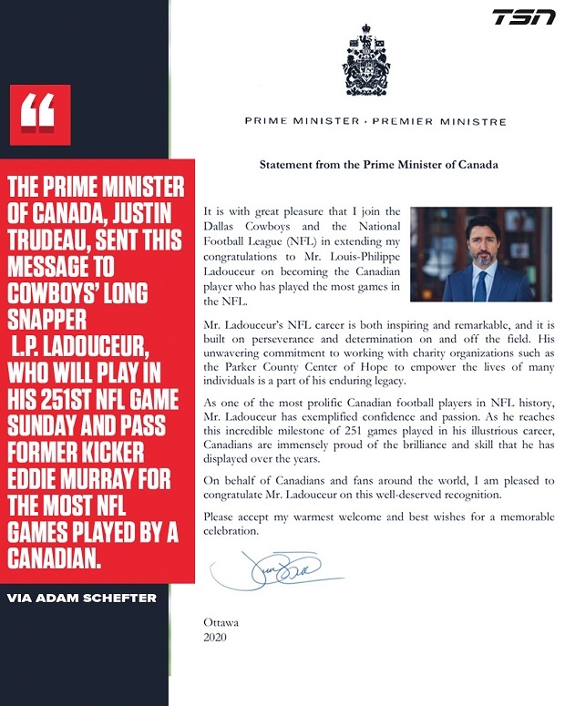 Canada's Trudeau congratulates L.P. Ladouceur of Dallas Cowboys