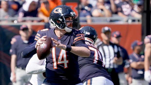 Andy Dalton of the Chicago Bears warms up before the game against