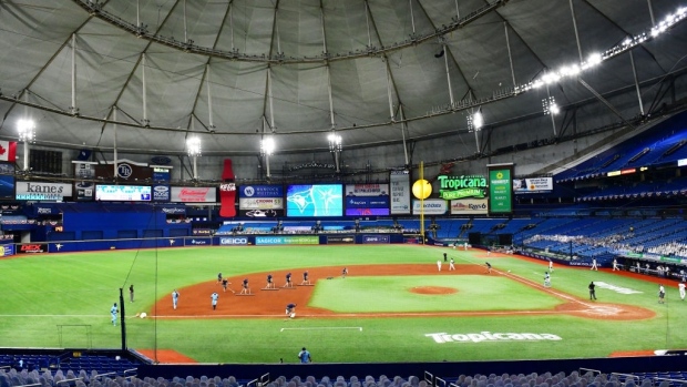 Tampa Bay Rays signs outside Tropicana Field Stadium in St