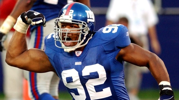 New York Giants Michael Strahan reacts to a sack in week 13 at Giants  Stadium in East Rutherford, New Jersey on December 4, 2005. The New York  Giants defeated the Dallas Cowboys