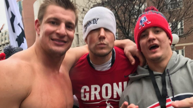 Gronk doing Gronk things at the Super Bowl parade (via Mike Reiss/ESPN)