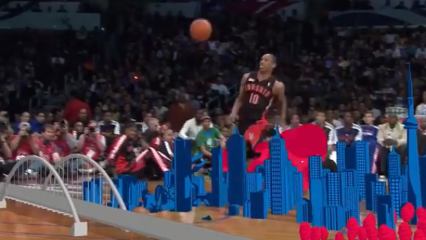 Demar DeRozan preparing to slam over an animated design of Toronto's skyline.