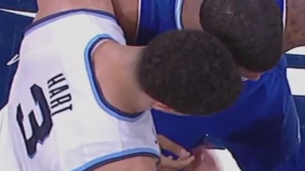 Villanova's Josh Hart checks in with Seton Hall players following his team's victory.