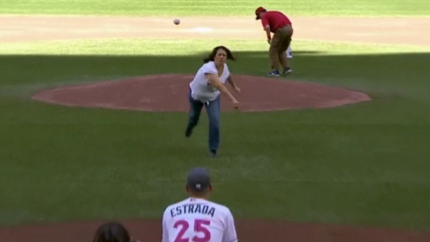 Marco Estrada's mom threw out the first pitch on Mother's Day (also Estrada  bobblehead day;)