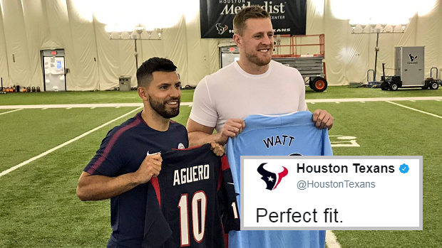 JJ Watt tried on Sergio Aguero's jersey and it was comically small