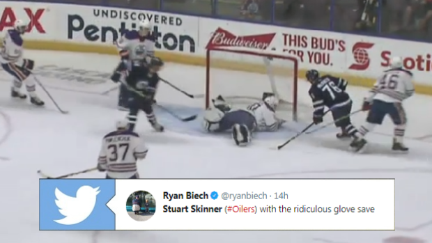 Stuart Skinner makes an incredible glove save during the Young Stars Classic.