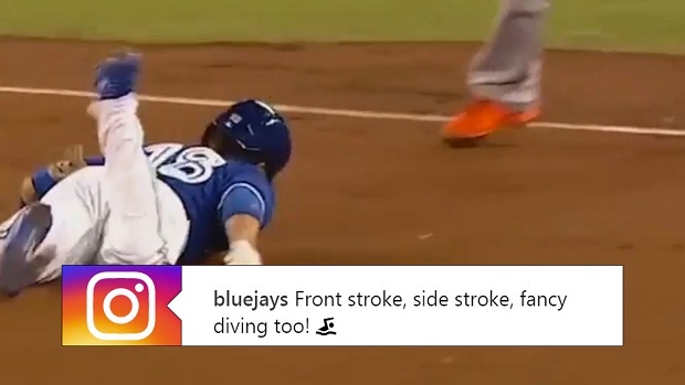 Toronto Blue Jays Darwin Barney struggles sliding into third base 