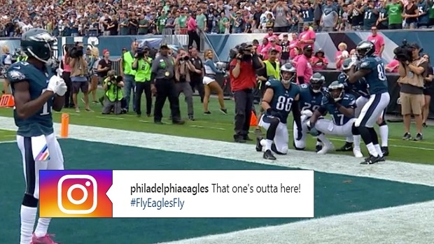 Going, going, gone: Eagles' Torrey Smith celebrates touchdown with