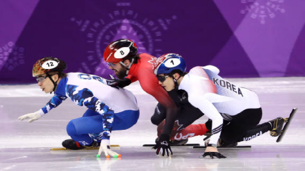 Canada's Charles Hamelin competes in the Men's 1,500m Short Track Speed Skating event.