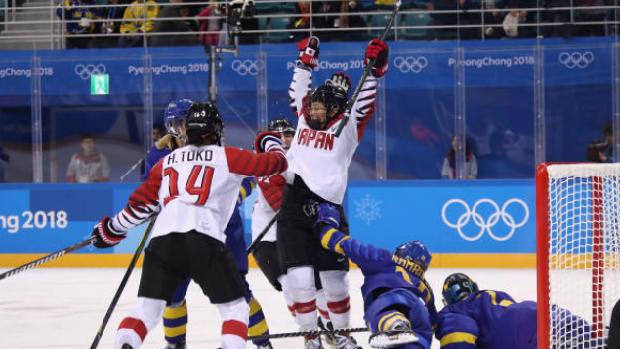 Japan scores against Sweden at the 2018 Winter Olympic Games.