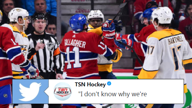 Canadiens forward Brendan Gallagher and Predators defenceman P.K. Subban battle after the whistle.